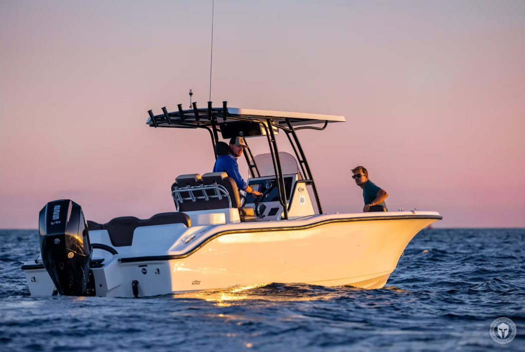 Florida 720 boat on the ocean with two men on board